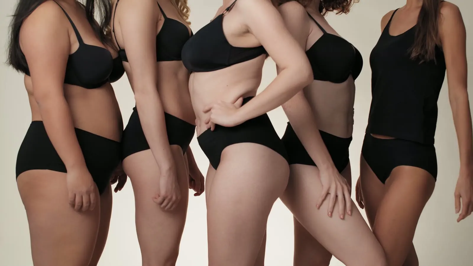 Five women of different body types together in Sleek & Sheek second-skin essentials